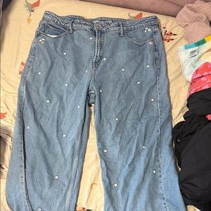 Women's Blue Jeans with Floral Embroidery extra high rise, sky wide leg